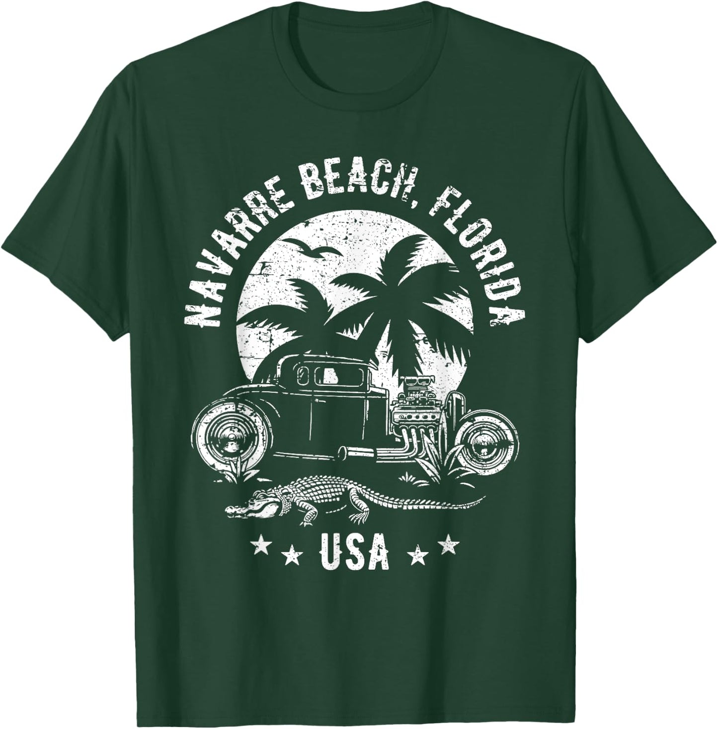 Navarre Beach Florida Sunset Hotrod Distressed Design T-Shirt - T-Shirt | Forest