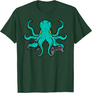 Gamer Shirts Video Games Boys Men Girls Kids Gift Octopus Gamer Funny Gaming -Multiaged Black Short Sleeve Size Small T-Shirt - T-Shirt | Forest