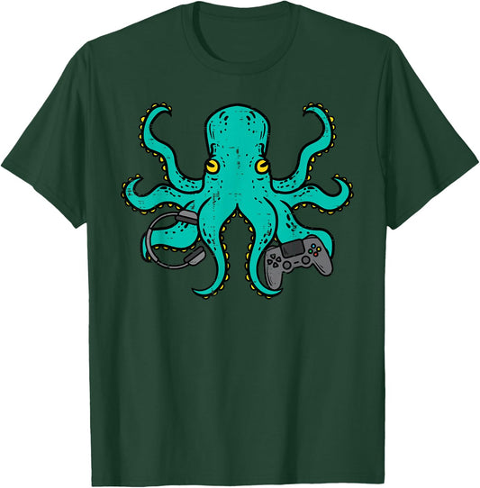 Gamer Shirts Video Games Boys Men Girls Kids Gift Octopus Gamer Funny Gaming -Multiaged Black Short Sleeve Size Small T-Shirt - T-Shirt | Forest