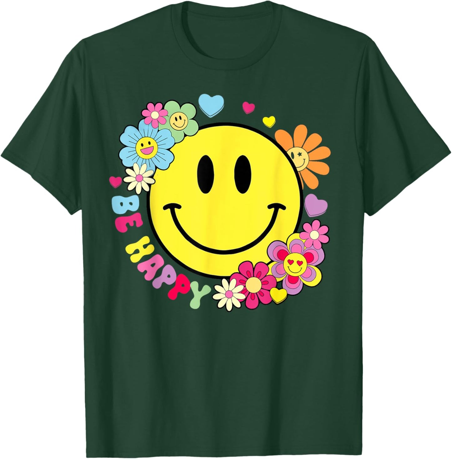 Be Happy Yellow Smile Face Hippie Smiling Face Groovy Retro T-Shirt - T-Shirt | Forest
