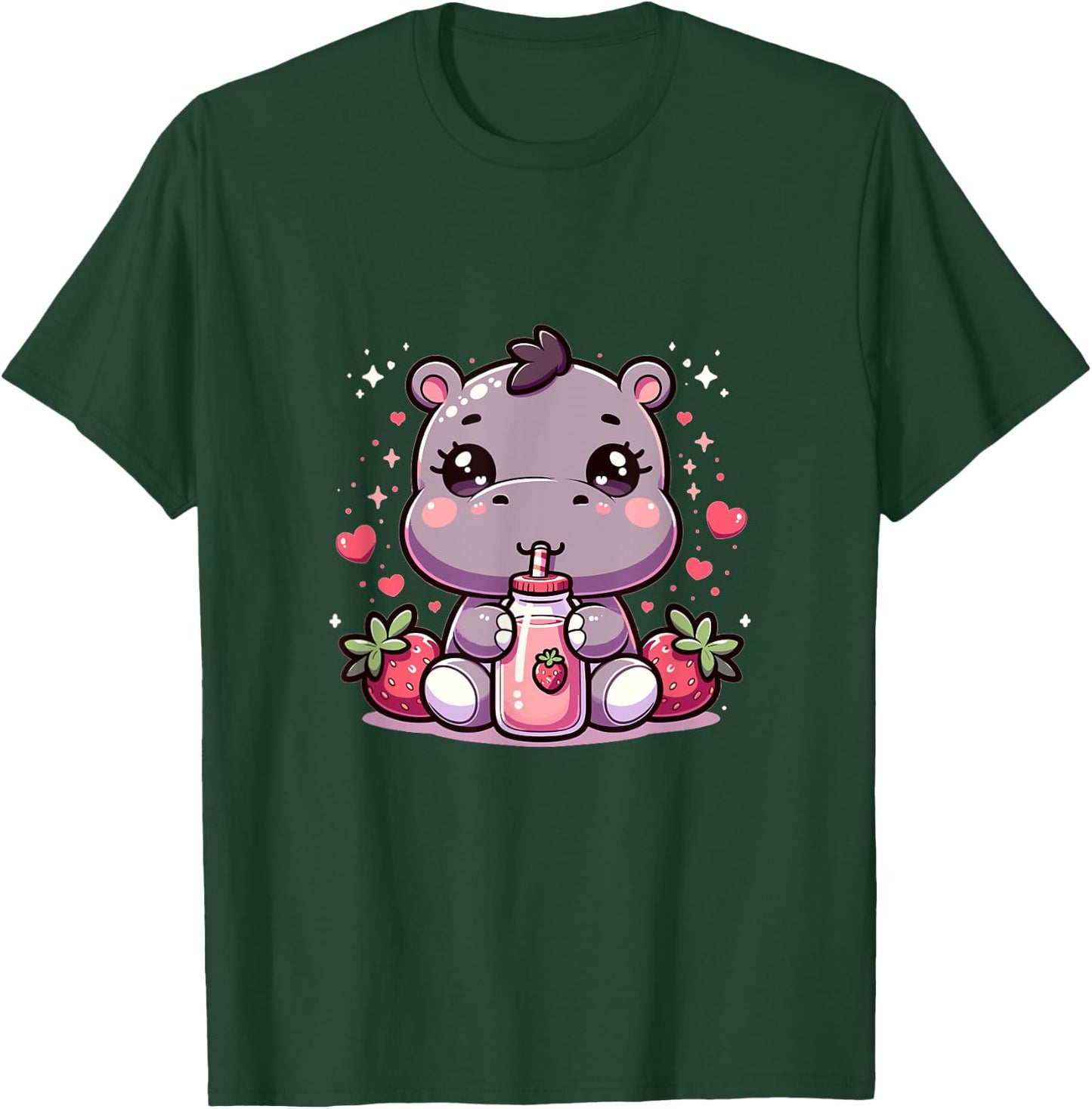 Cute Japanese Kawaii Style Hippo Drinking Strawberry Milk T-Shirt - T-Shirt | Forest