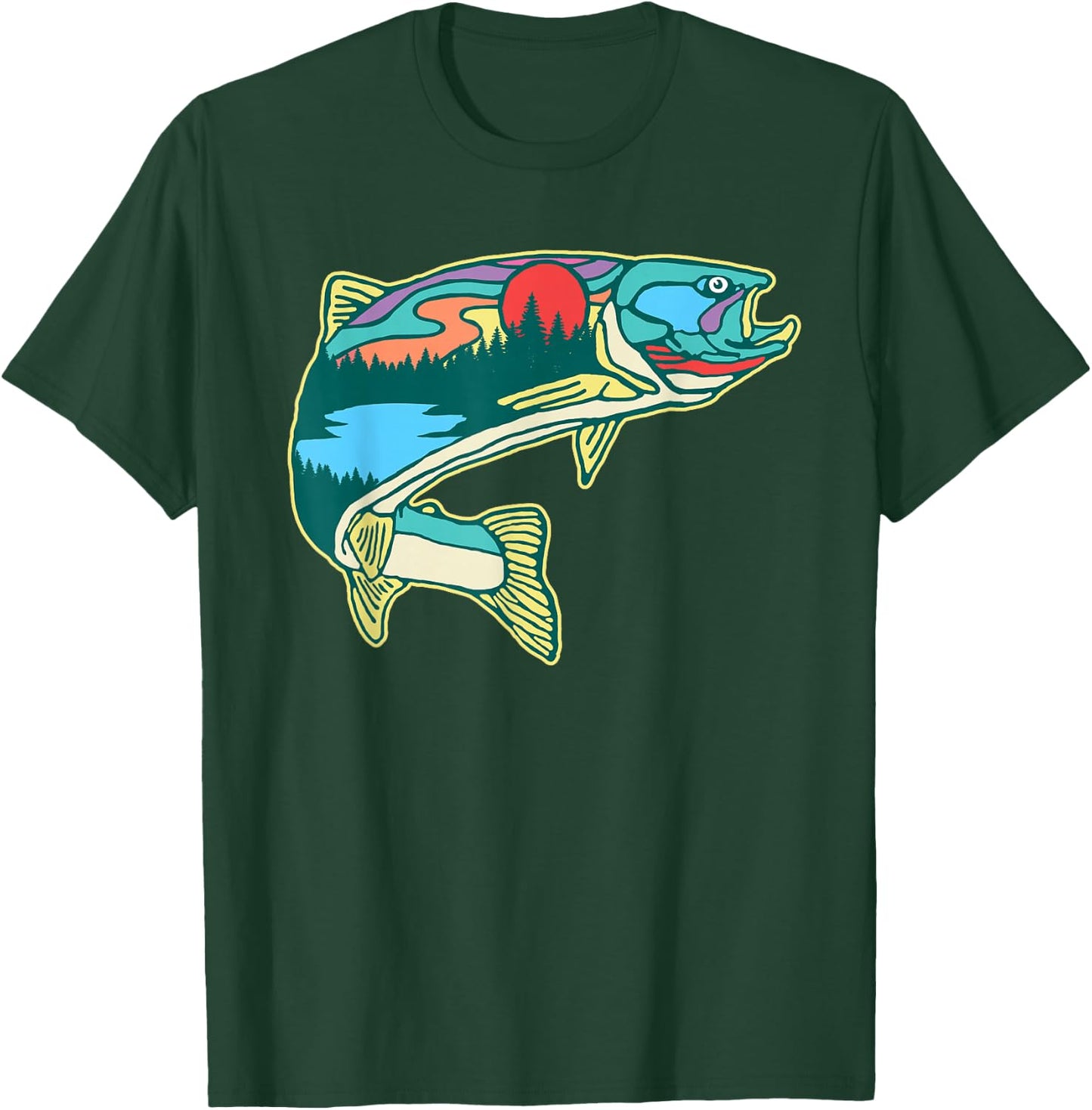 Nature Trout Illustration Vintage Fly Fishing Retro Graphic T-Shirt - T-Shirt | Forest