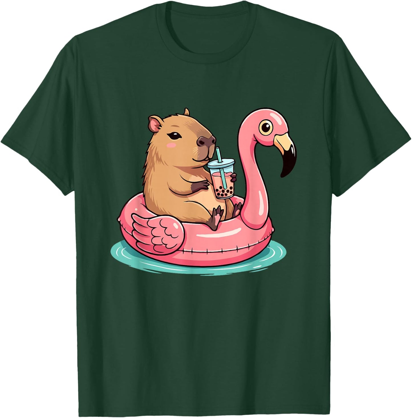 Cute Capybara On Flamingo Pool Float Drinking Bubble Tea T-Shirt - T-Shirt | Forest