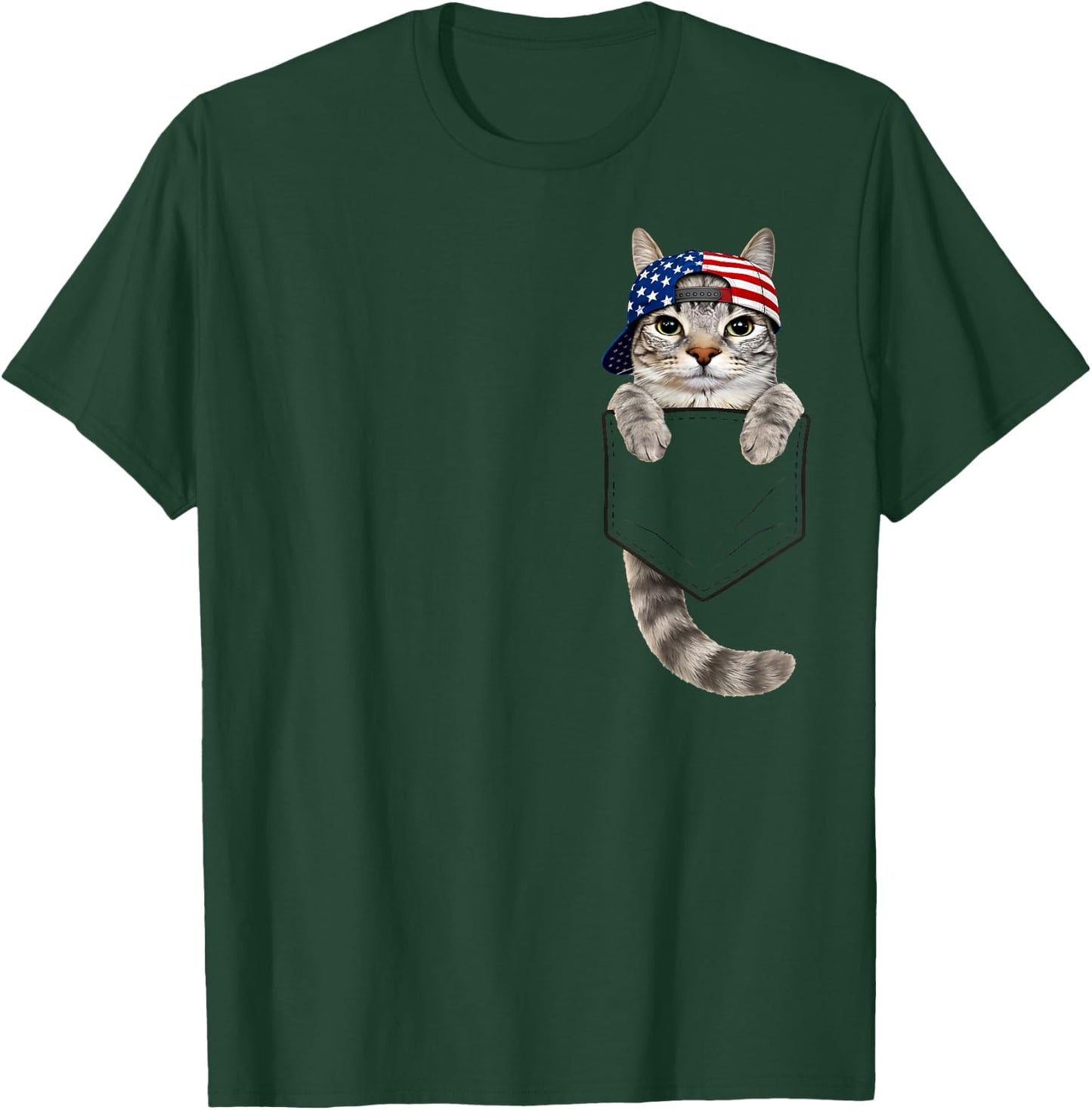 Cute Tabby Cat Pocket 4th July Patriotic 250 Anniversary USA T-Shirt - T-Shirt | Forest