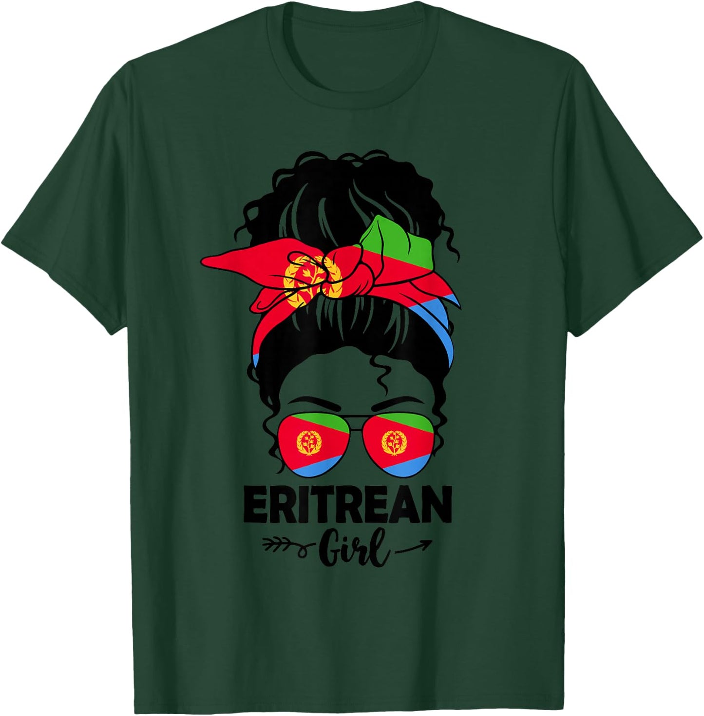 Messy Bun Eritrean Girl & Eritrea Flag Glasses Bandana BHM T-Shirt - T-Shirt | Forest
