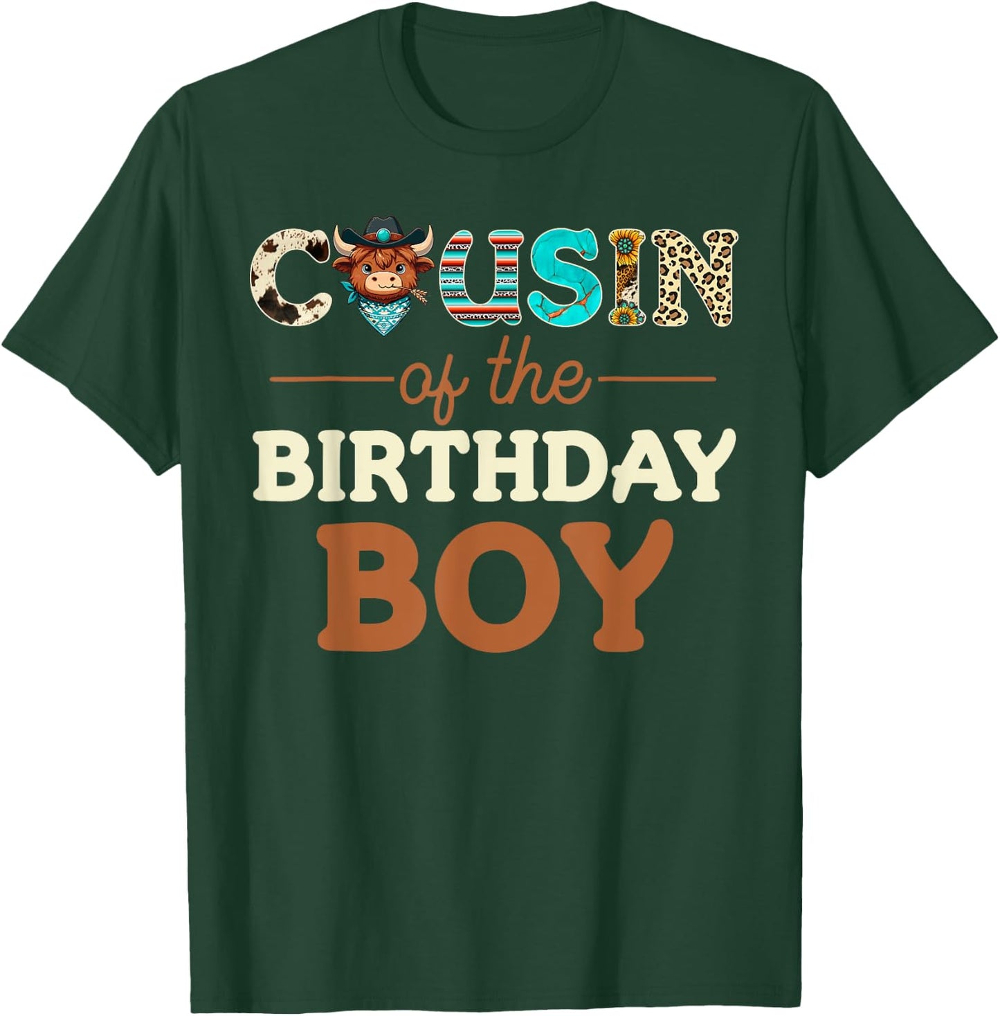 Cousin of The Birthday Boy Highland Cow Print First Bday T-Shirt - T-Shirt | Forest