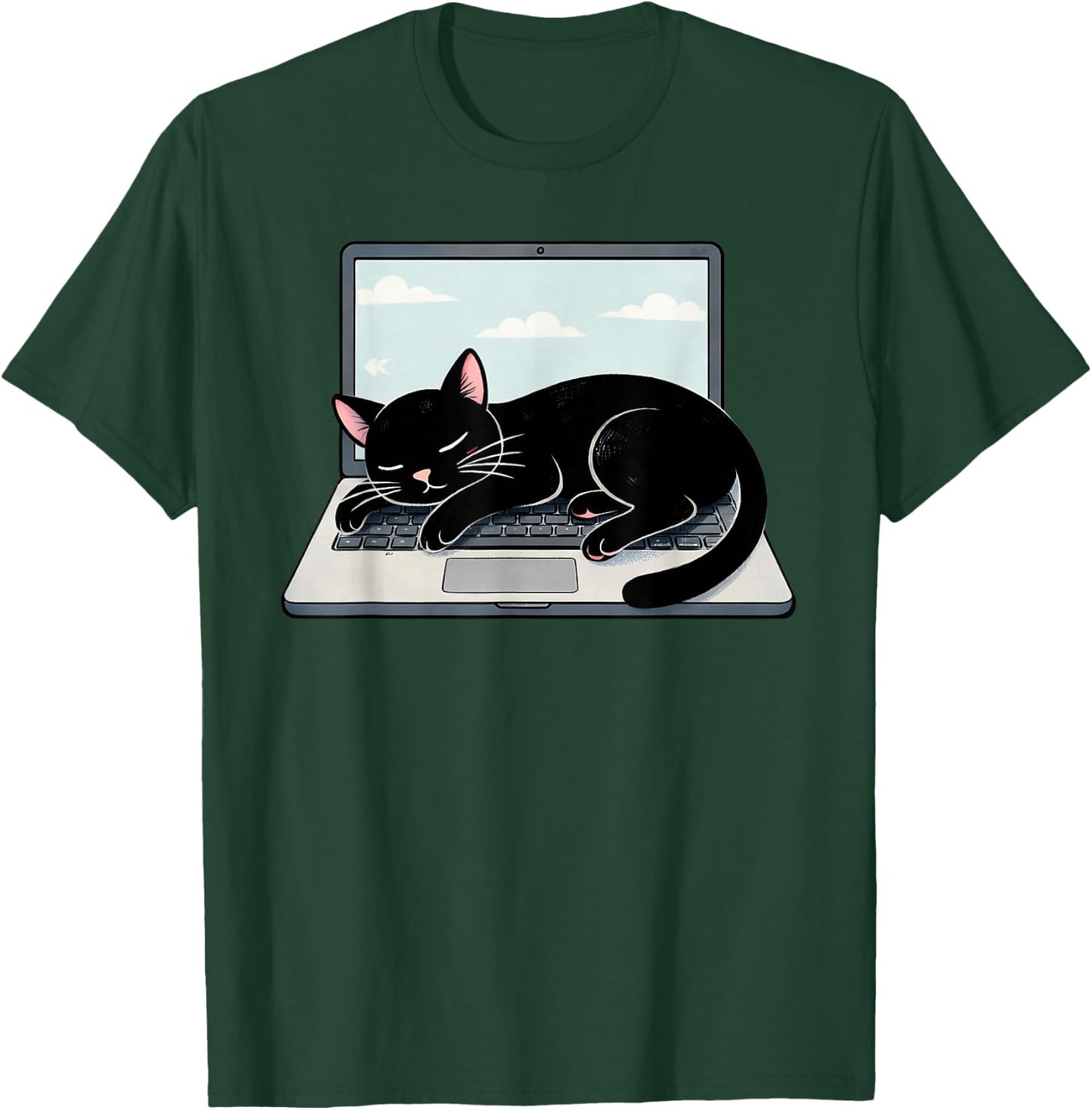 Funny Black Cat Sleeping On Laptop Computer T-Shirt - T-Shirt | Forest