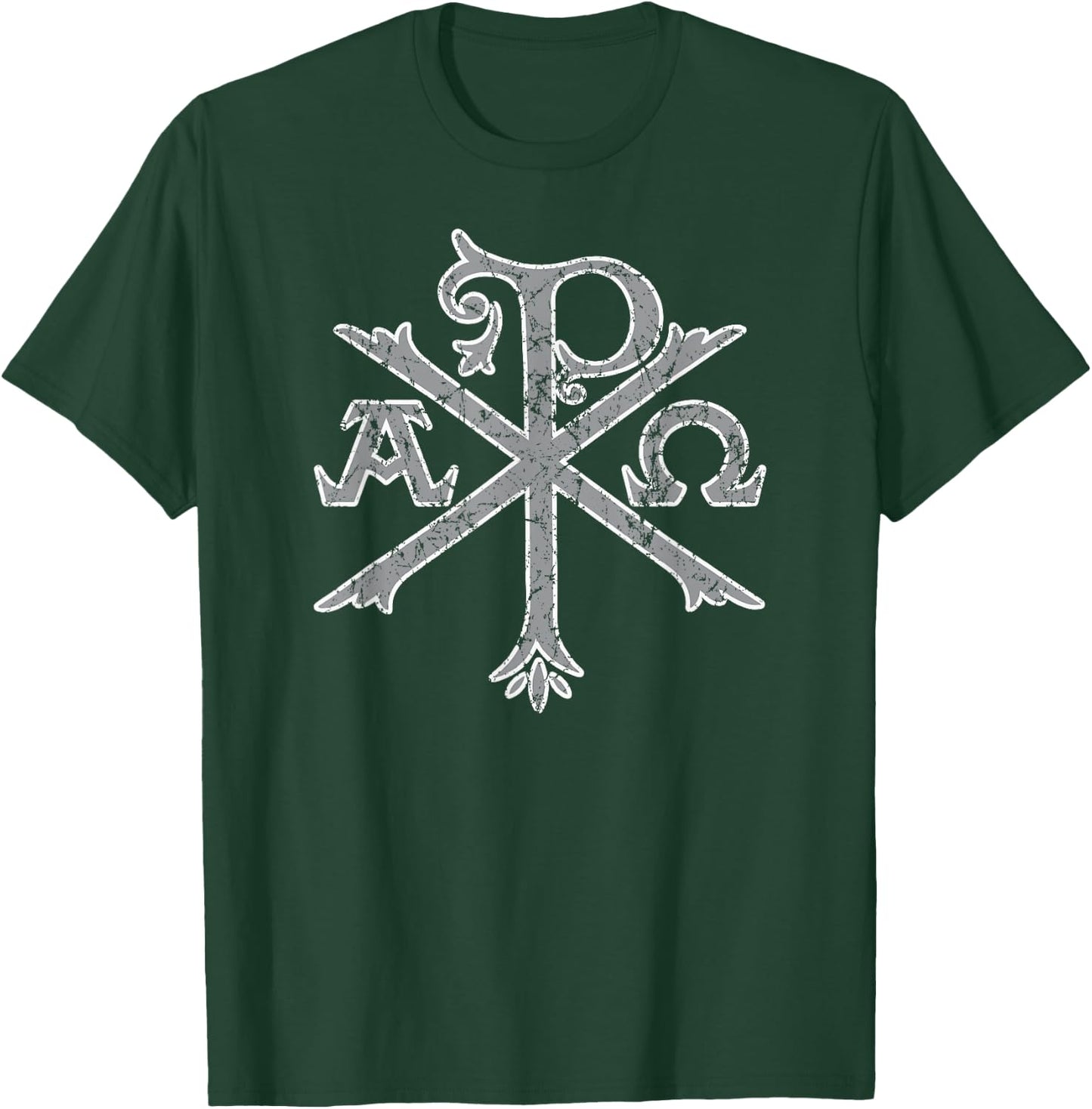 Chi Rho Christogram Alpha and Omega Distressed T-Shirt - T-Shirt | Forest