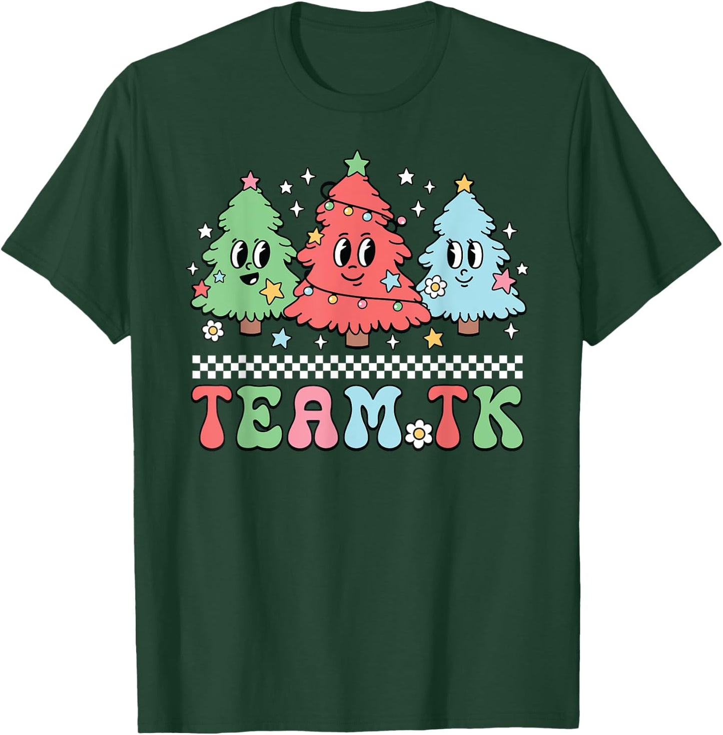 Team TK Teacher Christmas Sweater Retro Xmas Tree Smile Face T-Shirt - T-Shirt | Forest