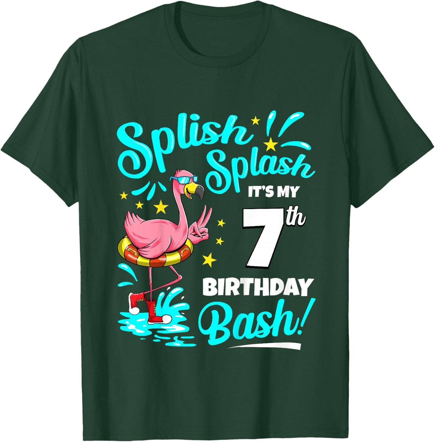7th Birthday Flamingo 7 Years Old Pool Party Summer T-Shirt - T-Shirt | Forest