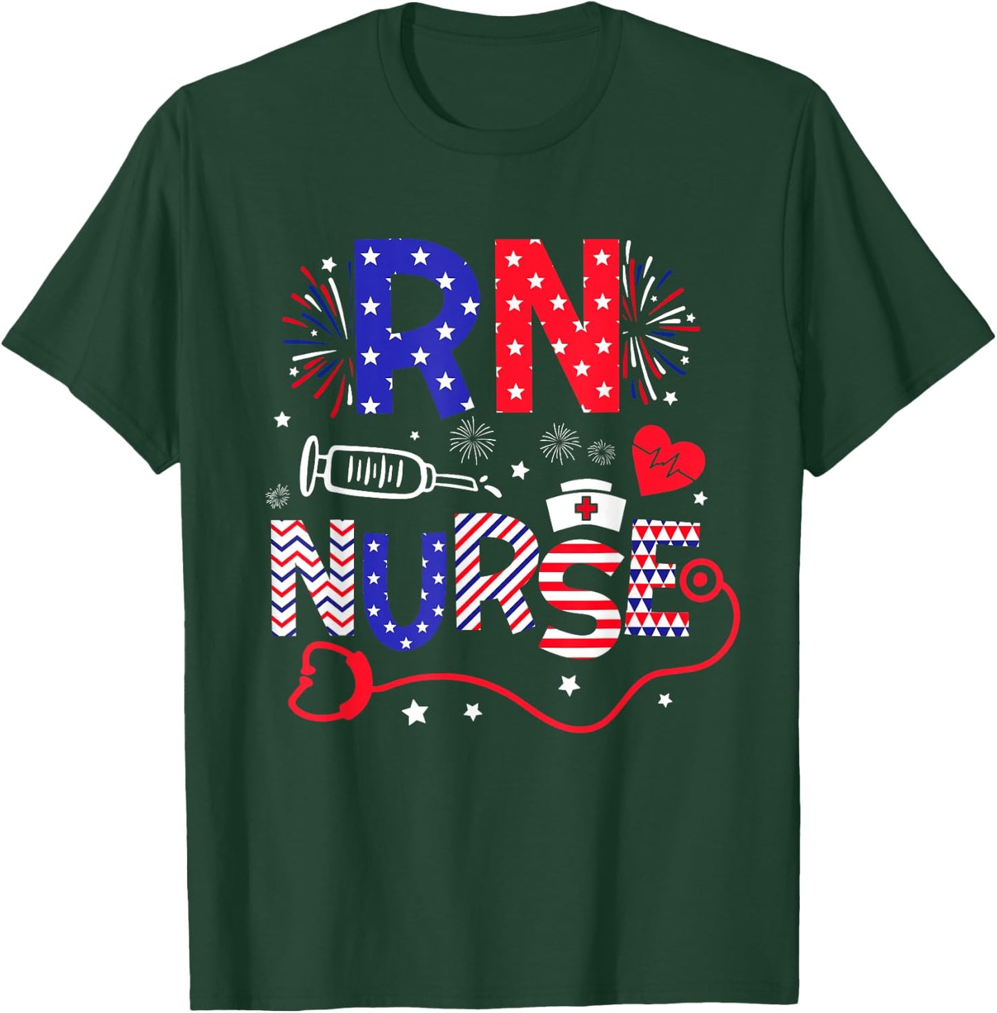 RN Nurse 4th Of July Patriotic American Flag Stethoscope T-Shirt - T-Shirt | Forest