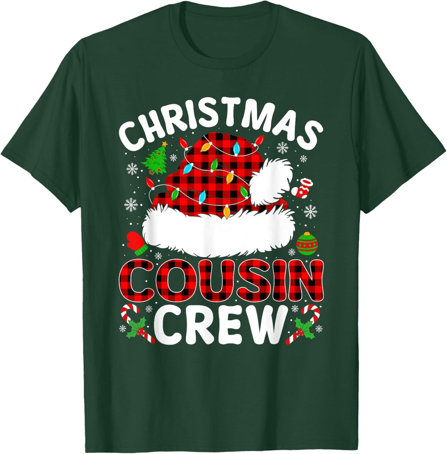 Christmas Cousin Crew Buffalo Plaid Santa Hat Xmas Pajamas T-Shirt - T-Shirt | Forest