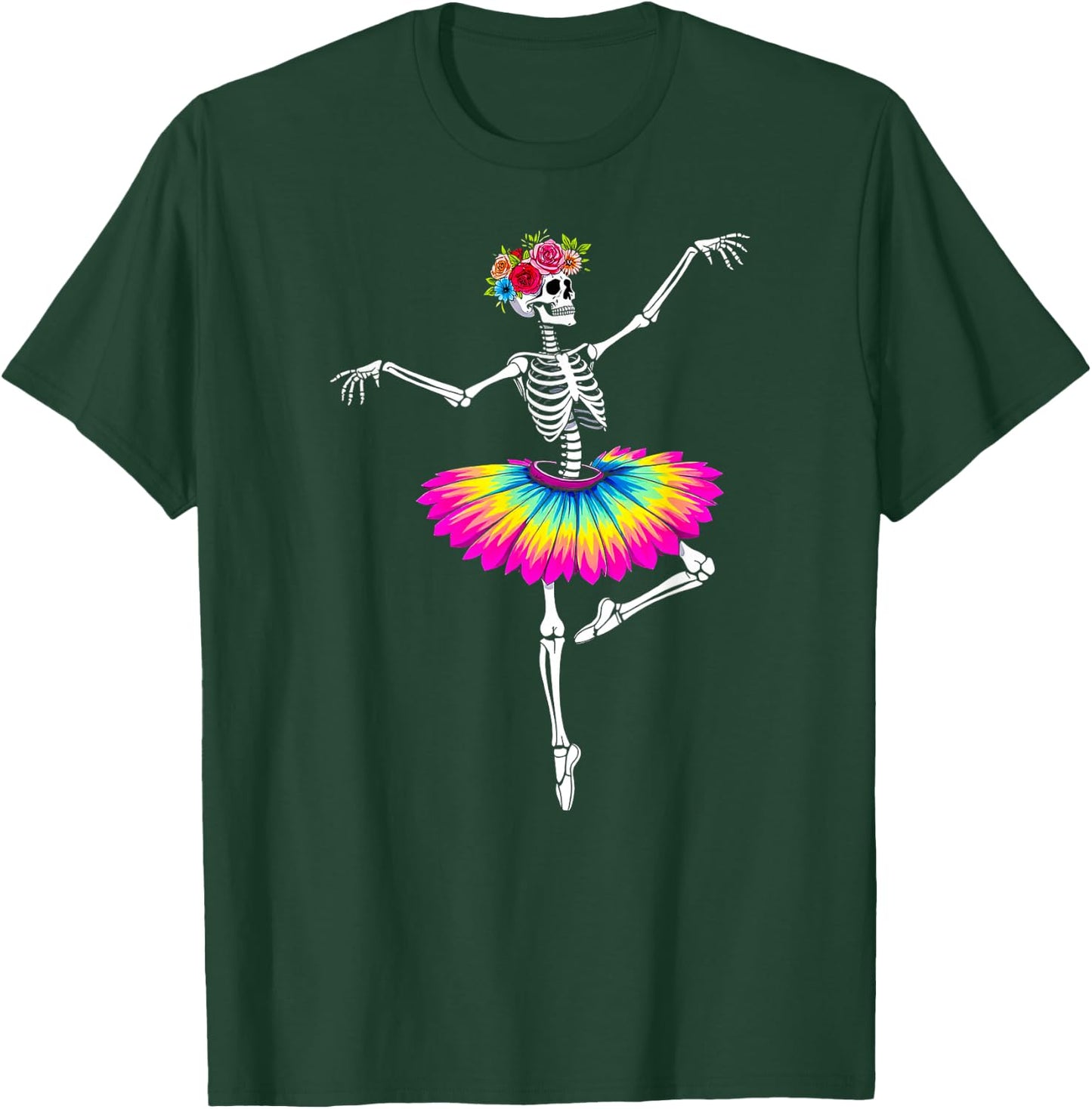 Girls Halloween Dancing Ballet Skeleton Rainbow Ballerina T-Shirt - T-Shirt | Forest