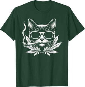 Retro Cat With Sunglasses Smoking Cannabis Cannabis Leaf T-Shirt - T-Shirt | Forest