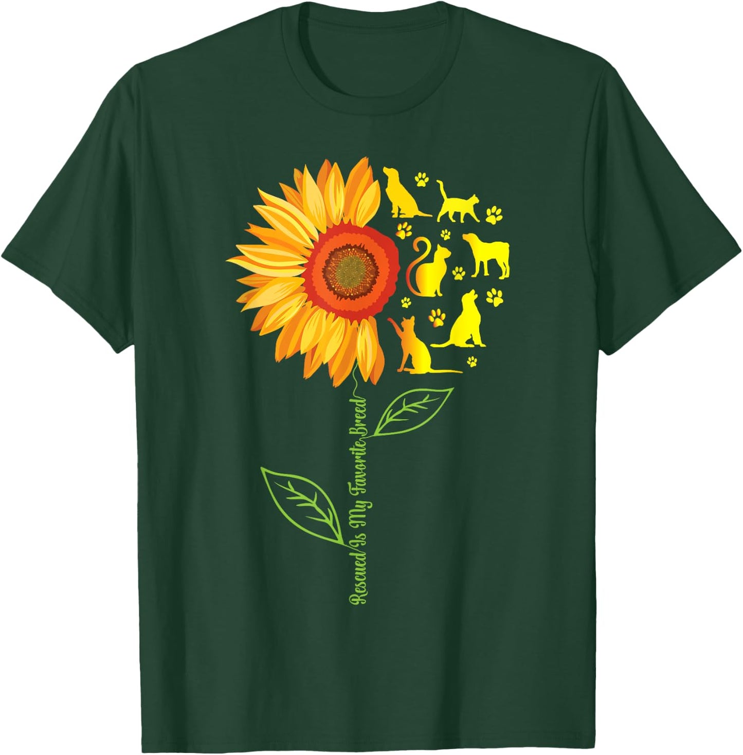 Rescued Is My Favorite Breed Rescue Dogs Cats Pets Sunflower T-Shirt - T-Shirt | Forest