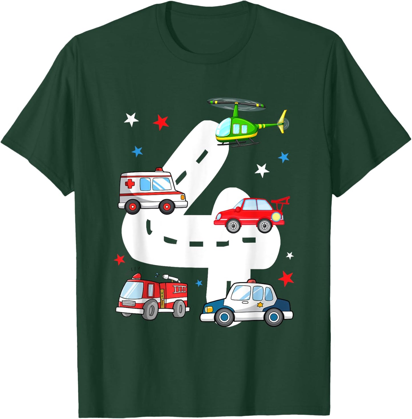 4th Birthday Emergency Vehicles 4 Year Old Birthday Kids T-Shirt - T-Shirt | Forest