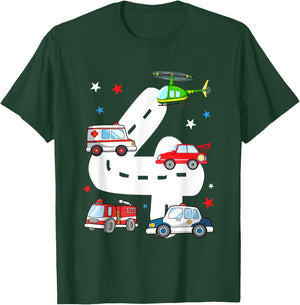 4th Birthday Emergency Vehicles 4 Year Old Birthday Kids T-Shirt - T-Shirt | Forest