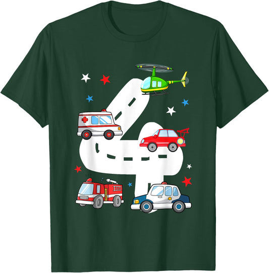 4th Birthday Emergency Vehicles 4 Year Old Birthday Kids T-Shirt - T-Shirt | Forest