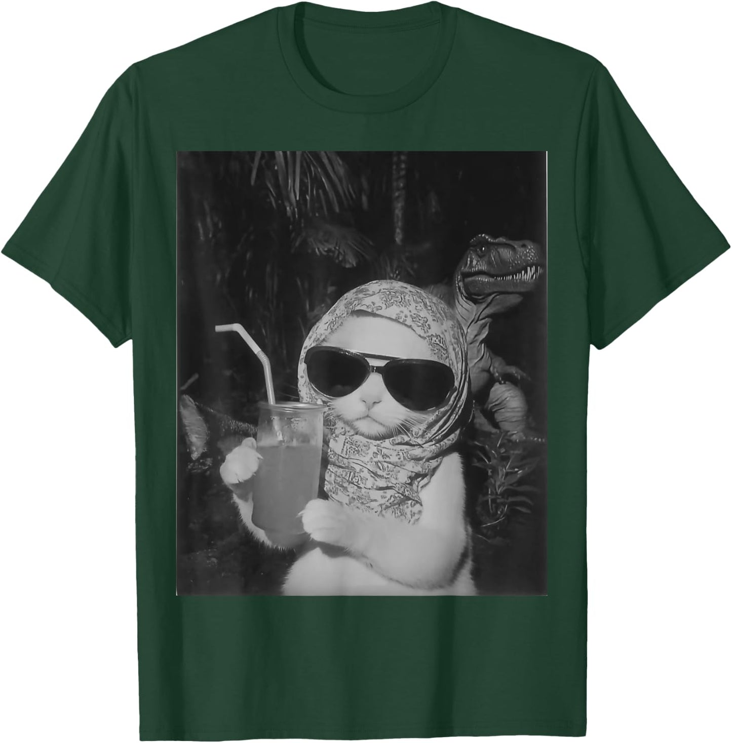 Chill And Cool Cat Drinking Fruit Selfie With Dinosaur T-Rex Women Kids T-Shirt - T-Shirt | Forest