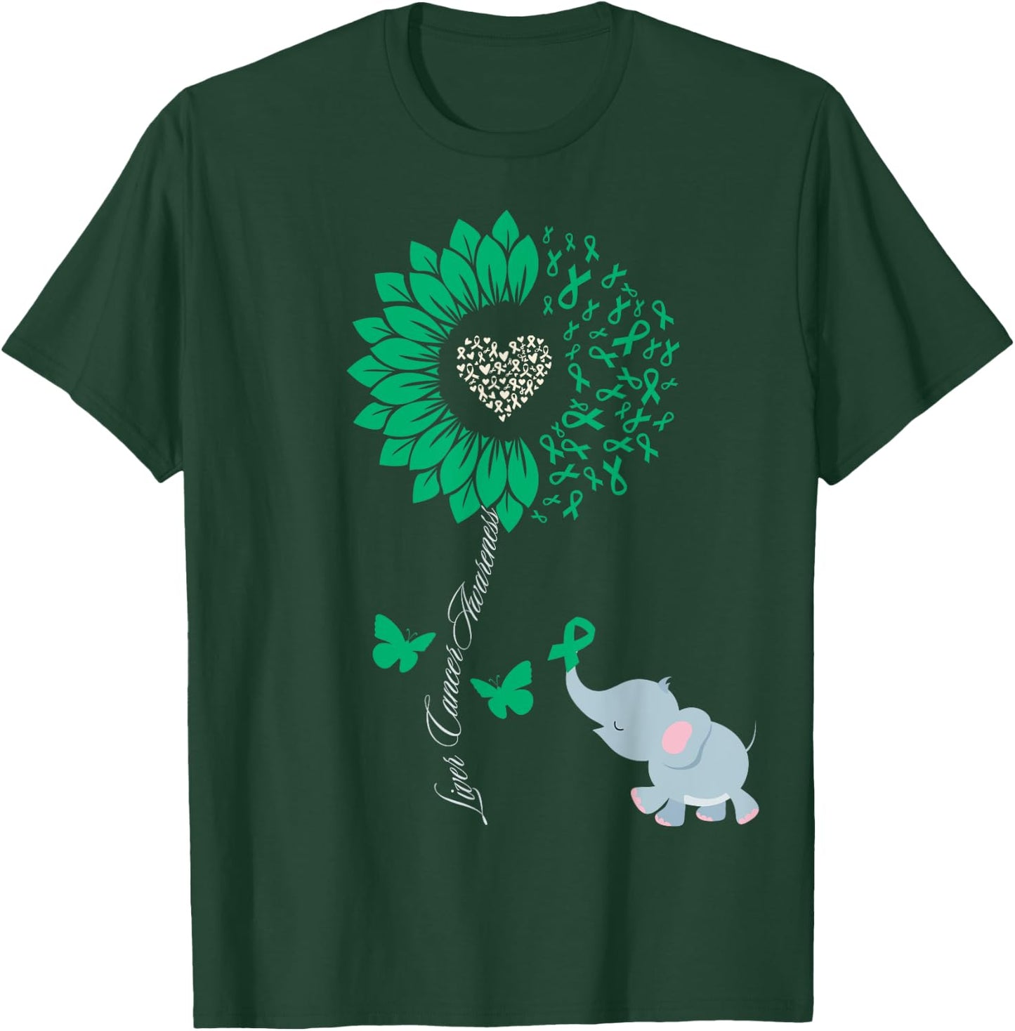 Liver Cancer Awareness Sunflower Elephant Butterfly Green T-Shirt - T-Shirt | Forest