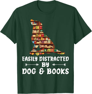 Easily Distracted By Dog And Books Reading Lover Boys Girls T-Shirt - T-Shirt | Forest