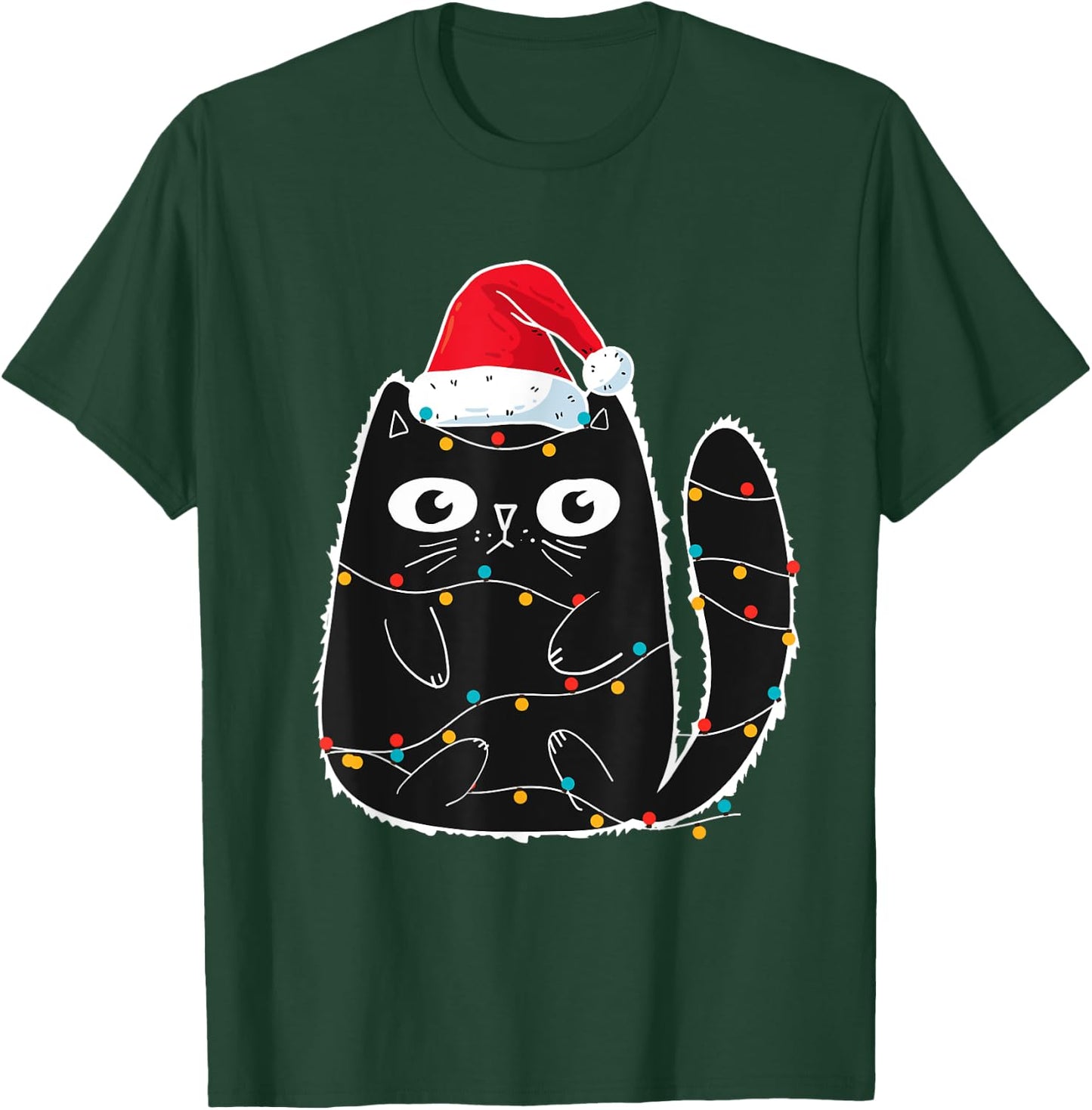 Cute Black Cat Santa Christmas Lights Meow Kitty Kitten Xmas Women Kids T-Shirt - T-Shirt | Forest