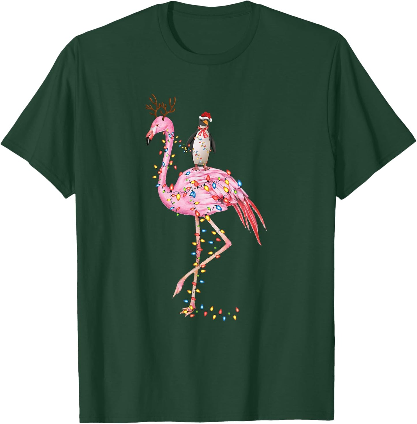 Holiday Xmas Lighting Penguin Riding Flamingo Christmas T-Shirt - T-Shirt | Forest