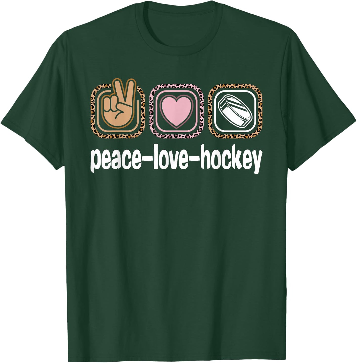 Ice Hockey Leopard Print Women Girls Kids Peace Love Hockey T-Shirt - T-Shirt | Forest