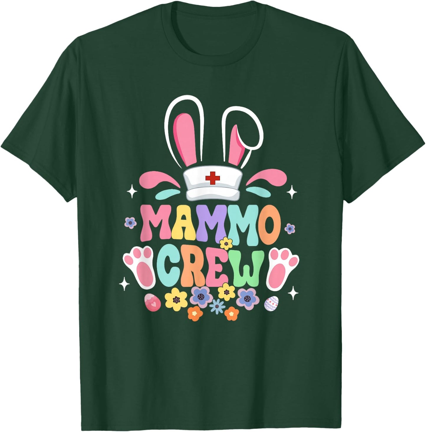 Retro Groovy Mammo Crew Mammo Tech Bunny Ear Flower Easter T-Shirt - T-Shirt | Forest