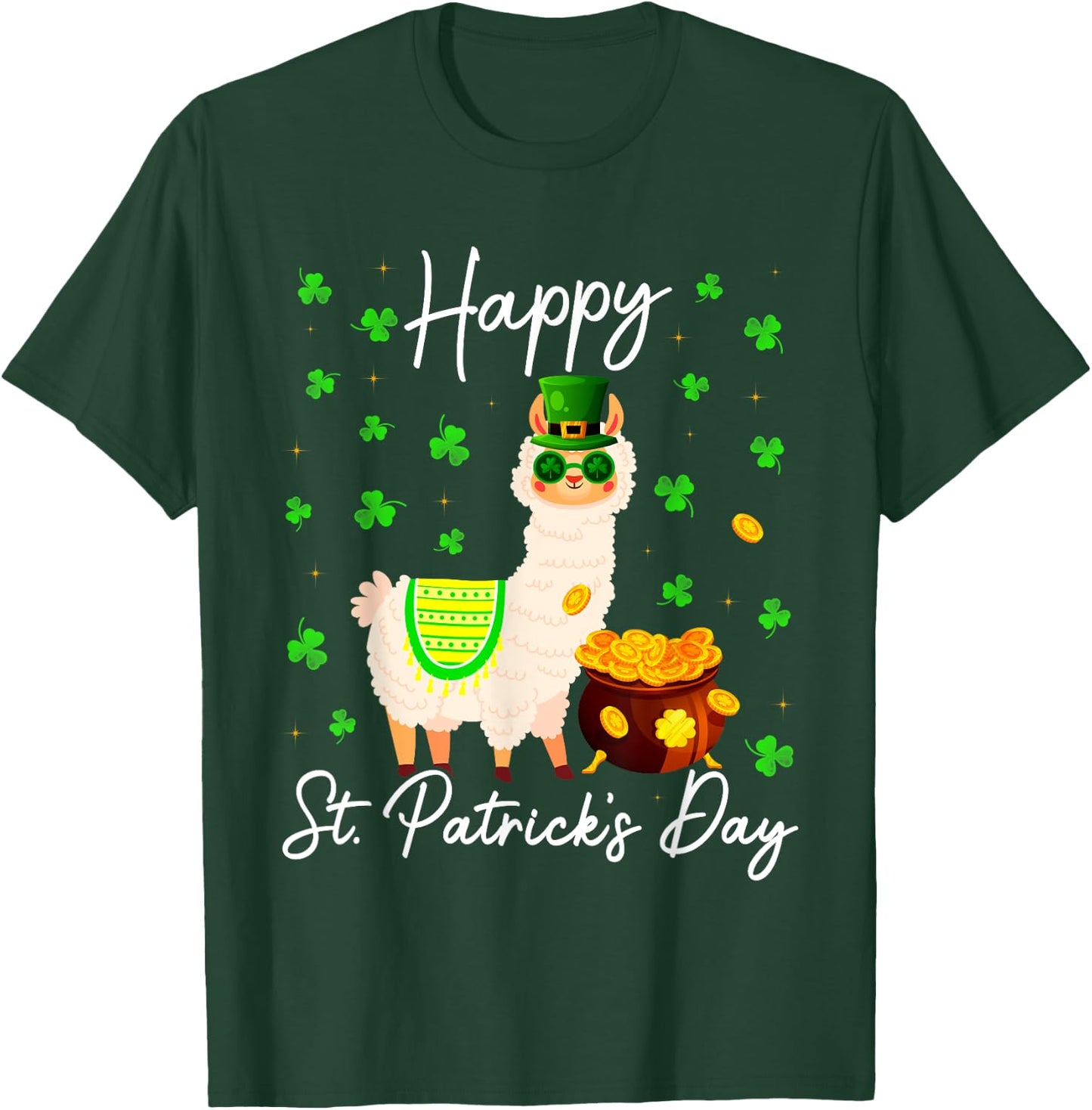 Happy St Patricks Day Cute Llama St Pattys Irish Shamrock T-Shirt - T-Shirt | Forest