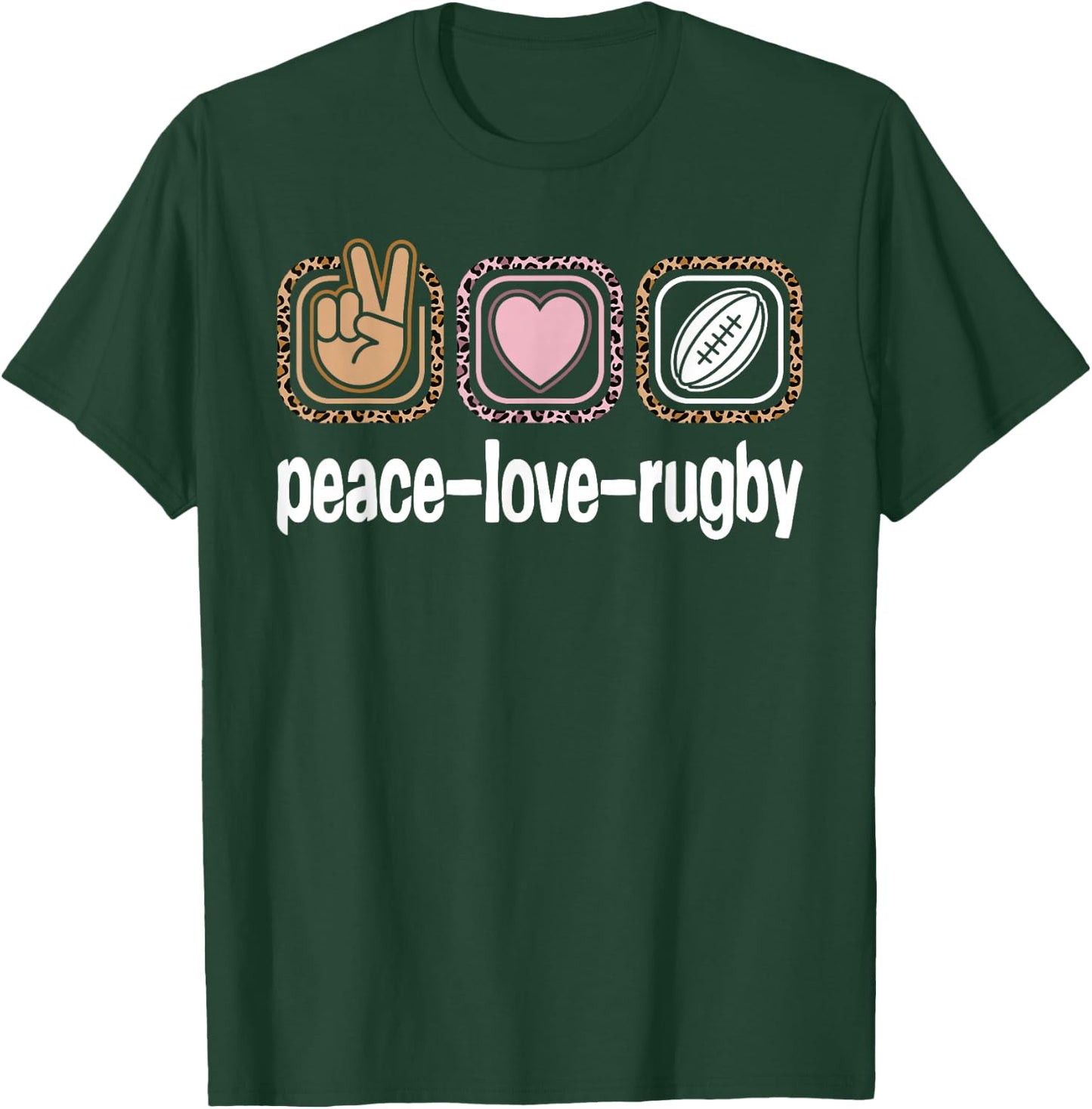 Rugby Player Leopard Print Women Girls Kids Peace Love Rugby T-Shirt - T-Shirt | Forest