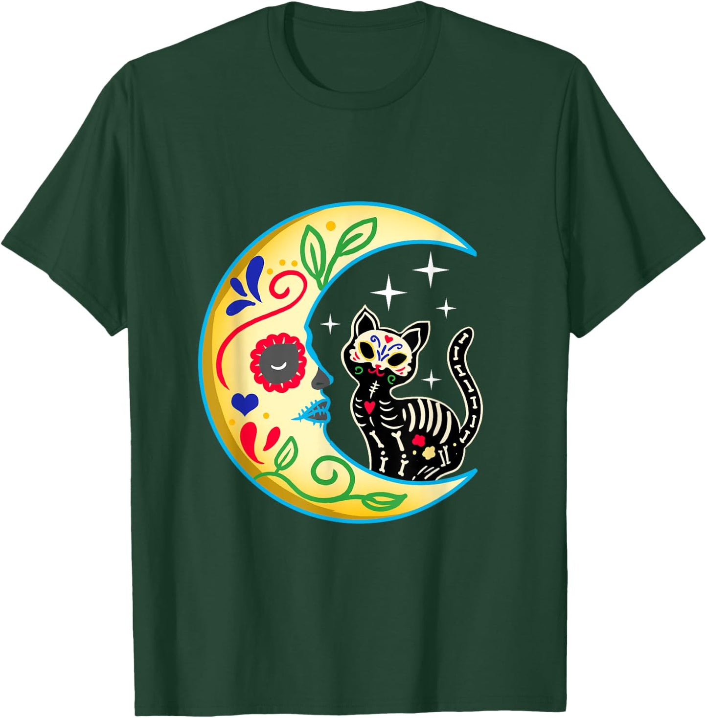 Cat & Moon Sugar Skull Dia de Los Muertos Day of The Dead Men Women Girls Kids T-Shirt - T-Shirt | Forest