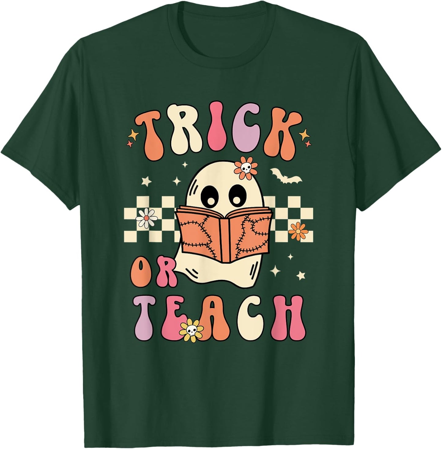 Groovy Halloween Trick or Teach Retro Floral Ghost Teacher Men Women T-Shirt - T-Shirt | Forest