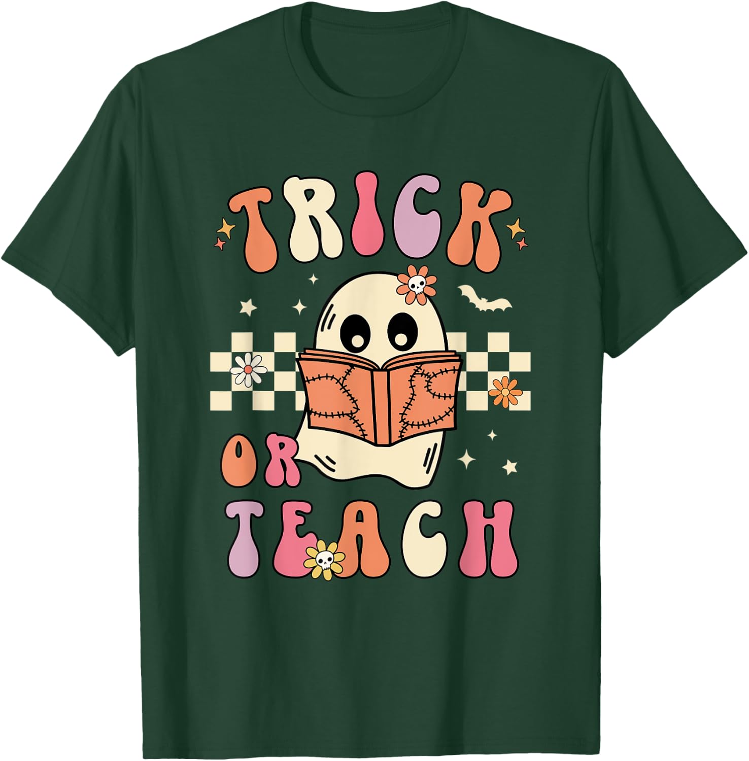 Groovy Halloween Trick or Teach Retro Floral Ghost Teacher Men Women T-Shirt - T-Shirt | Forest