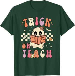Groovy Halloween Trick or Teach Retro Floral Ghost Teacher Men Women T-Shirt - T-Shirt | Forest