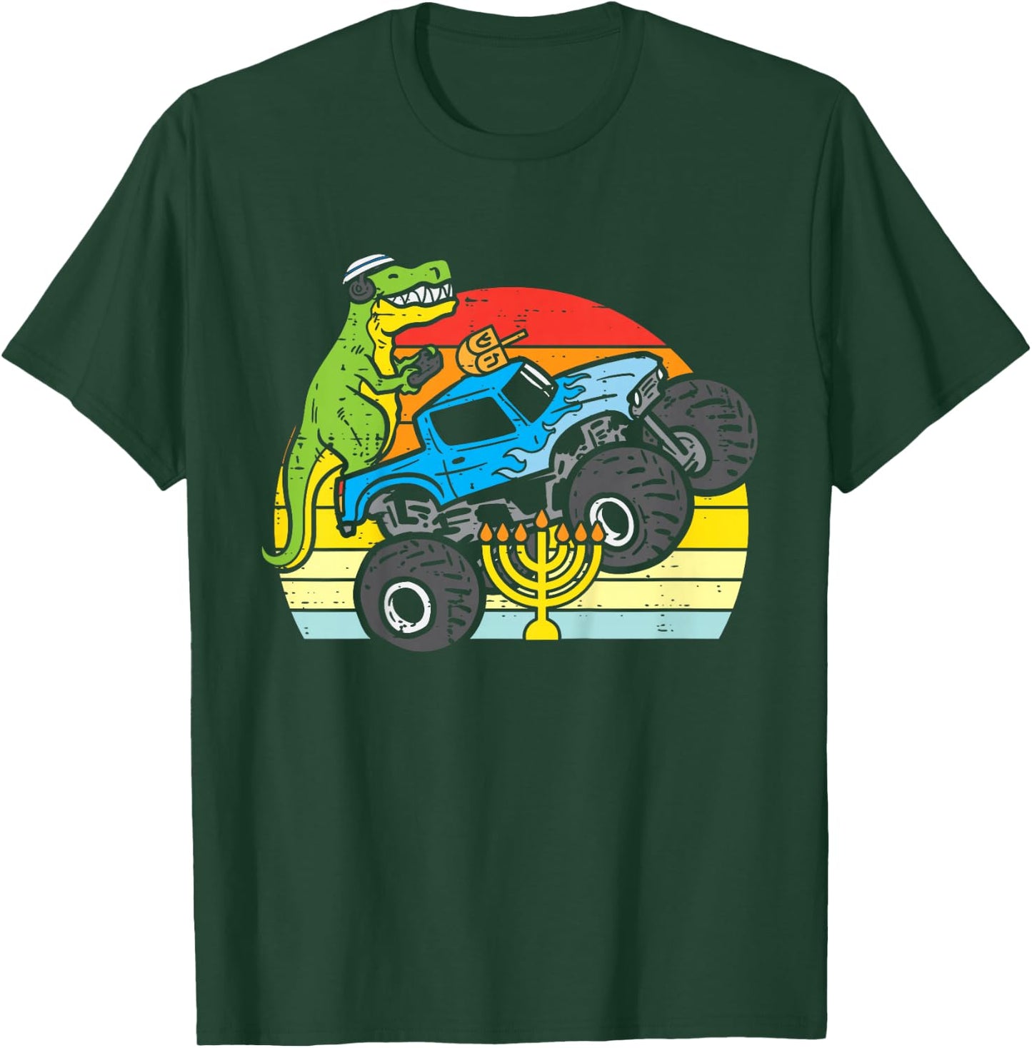 Kids Trex Dino Monster Truck Menorah Boys Hanukkah Toddler Kids T-Shirt - T-Shirt | Forest