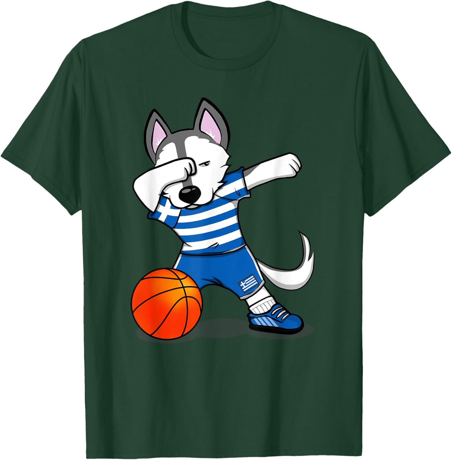 Dabbing Husky Dog Greece Basketball Fans Jersey - Greek Flag Men Women Girls Kids T-Shirt - T-Shirt | Forest