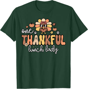 One Thankful Lunch Lady Groovy Thanksgiving Cafeteria Worker T-Shirt - T-Shirt | Forest
