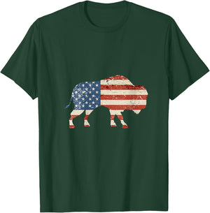 Women's Boys Bison American Flag Buffalo 4th of July Bison Men USA V-Neck T-Shirt - T-Shirt | Forest