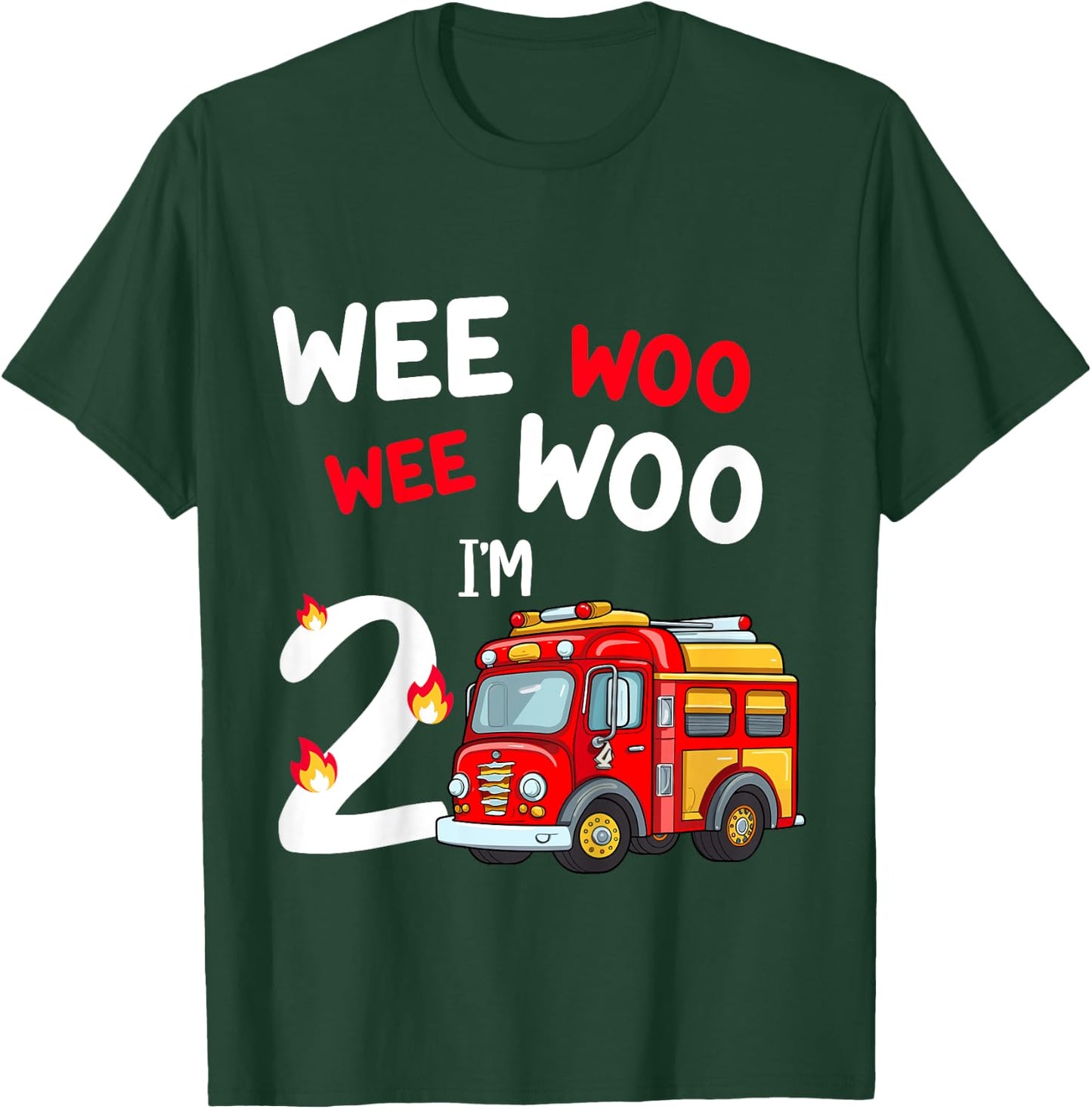 Kids Wee Woo I'm 2 Years Old Red Fire Truck Boys 2nd Birthday T-Shirt - T-Shirt | Forest