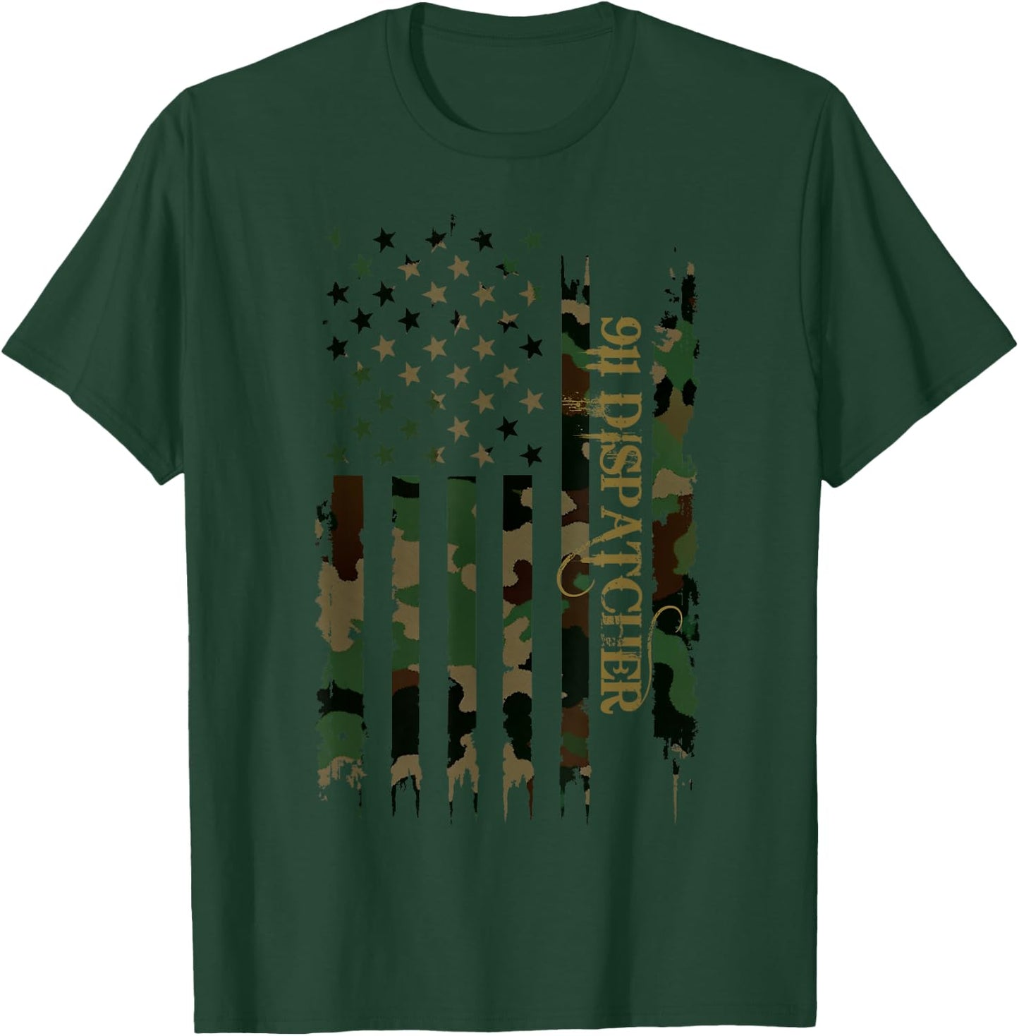 911 Dispatcher United States Distressed Camo w US Flag T-Shirt - T-Shirt | Forest
