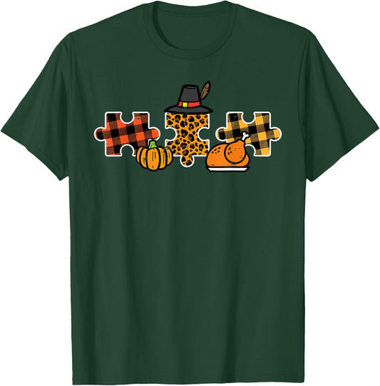 Thanksgiving Autism Awareness Puzzle Fall Women Men Kids T-Shirt - T-Shirt | Forest