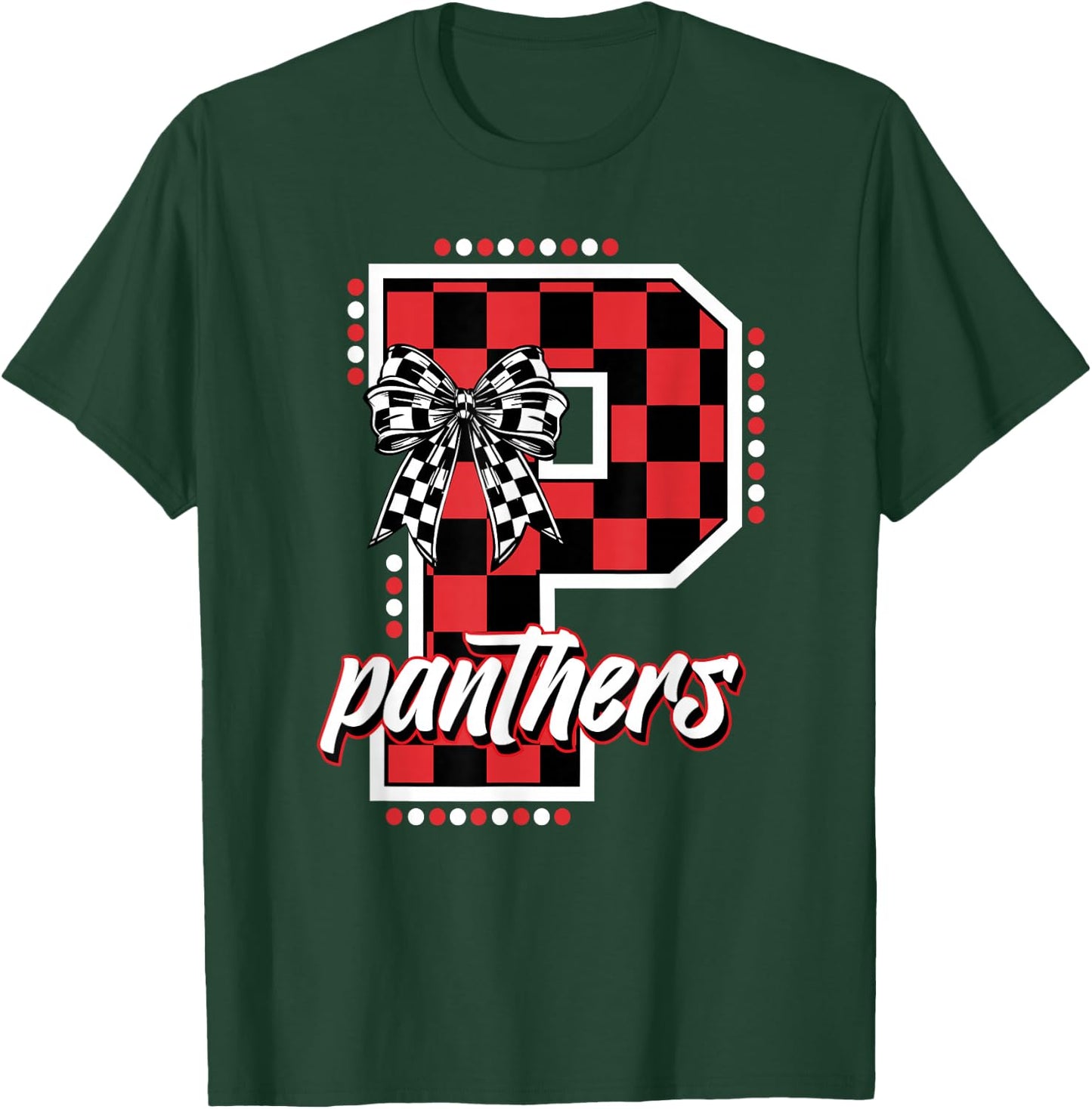 Panthers Checkered Print Letter Coquette Bow School Spirit T-Shirt - T-Shirt | Forest