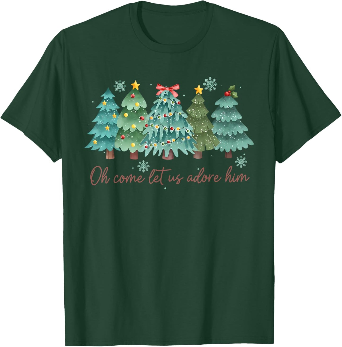 Oh Come Let US Adore Him Funny Christian Christmas Tree Bow T-Shirt - T-Shirt | Forest
