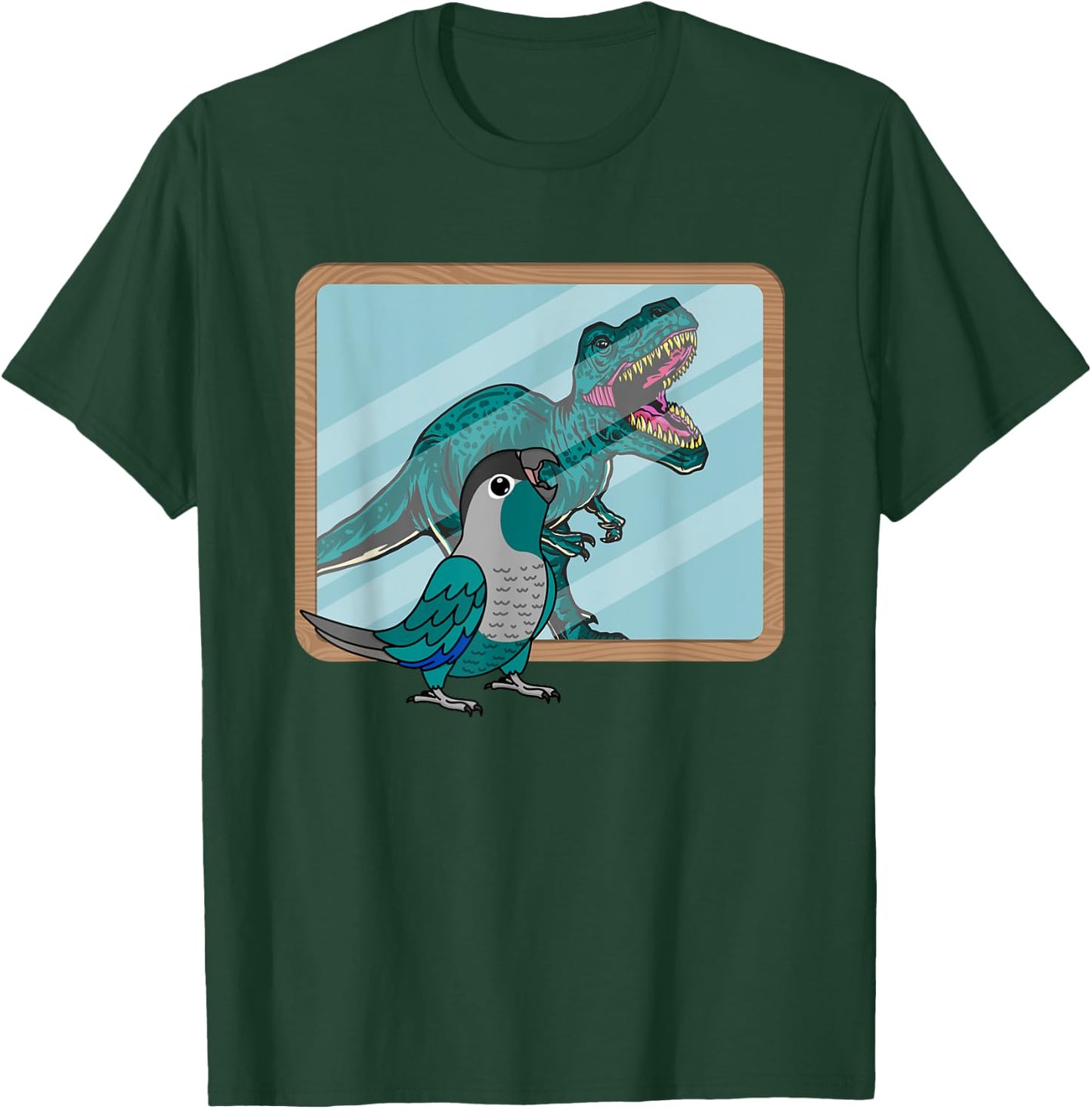 Funny Birds Gifts for Birders and Bird Breeders Parrot & T Rex Reflection I Turquoise Green Cheek Conure T-Shirt - T-Shirt | Forest