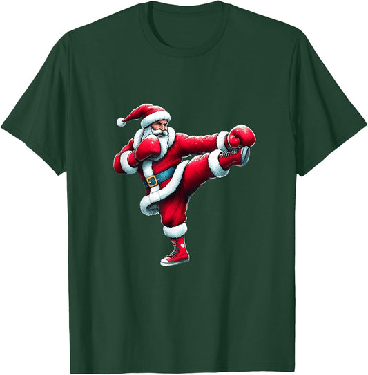 Santa Kickboxing Boxing Kicking Cool Sports Christmas Pajama T-Shirt - T-Shirt | Forest