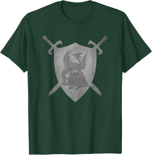 Dragon Crossed Swords Shield Medieval Heraldry Art Graphic T-Shirt - T-Shirt | Forest