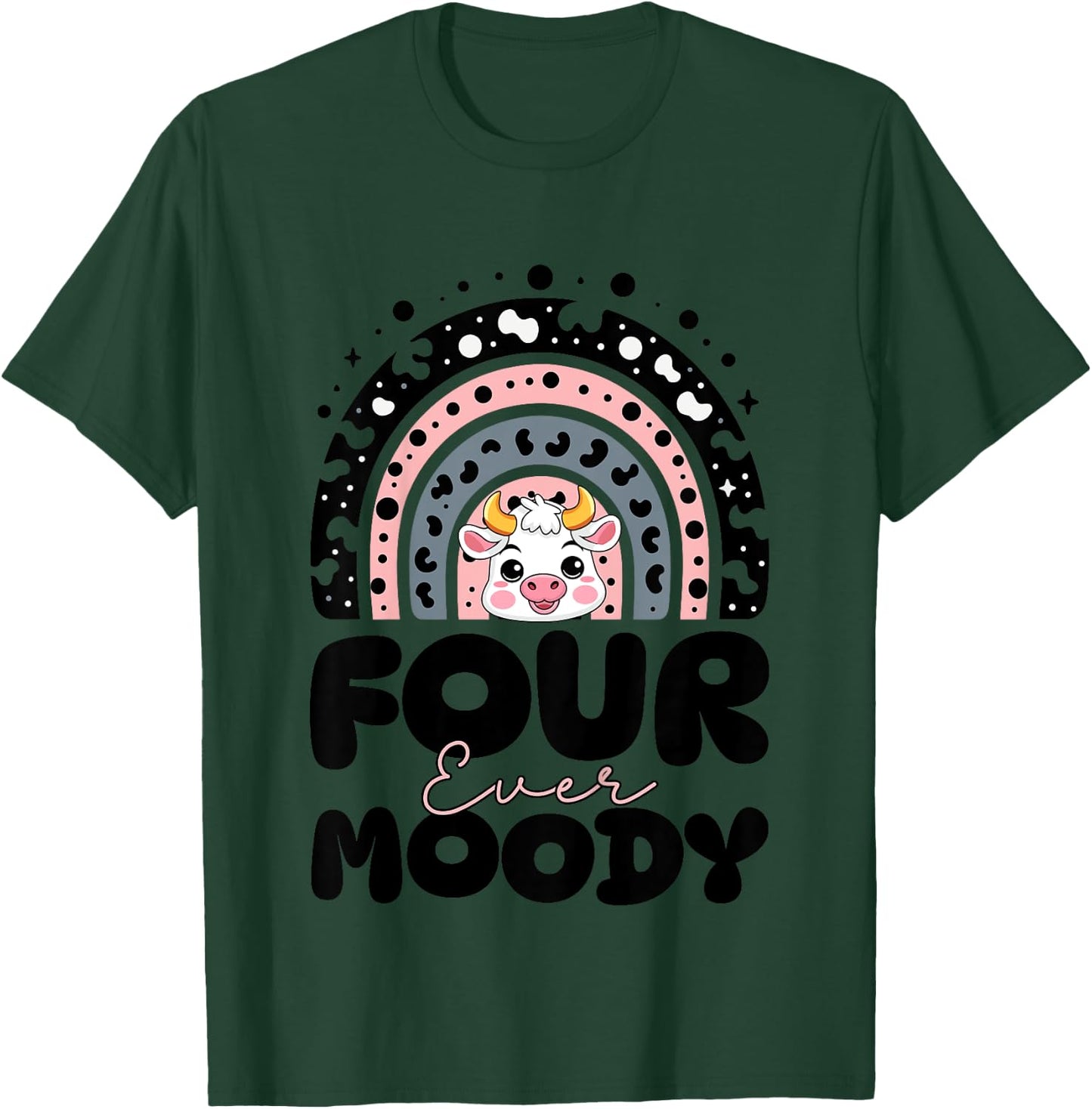 Kids Rainbow Four Ever Moody 4 Years Old Kids Cow 4th Birthday T-Shirt - T-Shirt | Forest