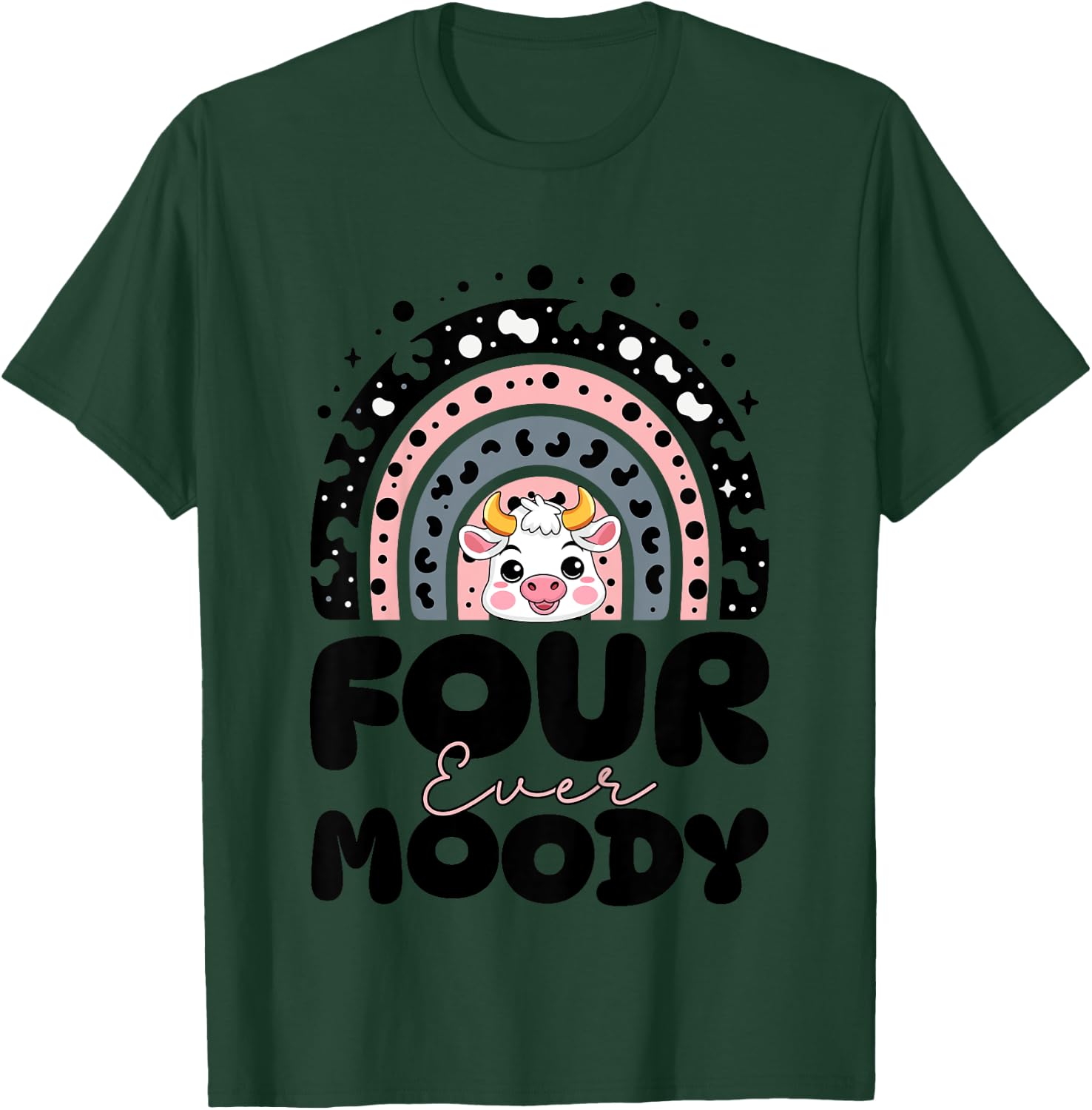 Kids Rainbow Four Ever Moody 4 Years Old Kids Cow 4th Birthday T-Shirt - T-Shirt | Forest