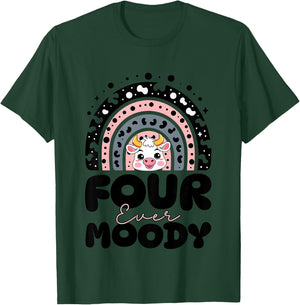 Kids Rainbow Four Ever Moody 4 Years Old Kids Cow 4th Birthday T-Shirt - T-Shirt | Forest